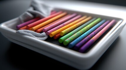 Naklejka premium Colorful crayons in white tray, cloth napkin, studio shot