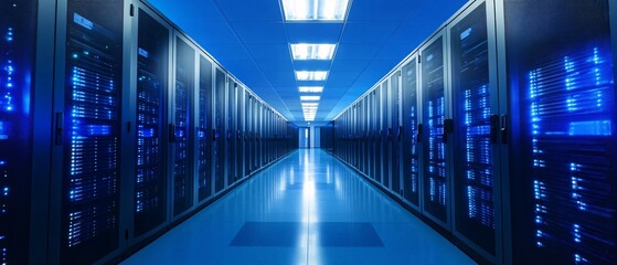 Fototapeta premium A server room with rows of computer towers and bright blue lighting.