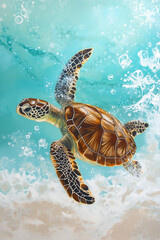 A photo of a majestic sea turtle swimming gracefully in the clear turquoise waters, showcasing its distinctive shell and smooth body shape. The water is crystal blue with gentle ripples around it
