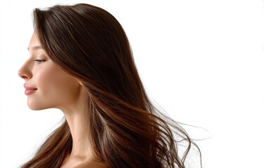 Fototapeta premium The image shows a woman with a beautiful face and long hair that hangs straight
