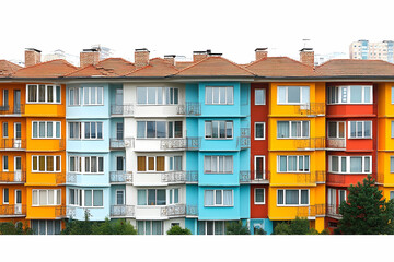 Colorful apartment buildings with vibrant facades, showcasing urban architecture and greenery
