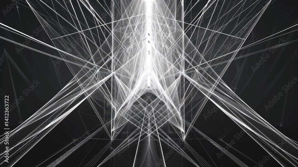 Poster this abstract image showcases a geometric structure formed by thin angled lines, creating a captivat
