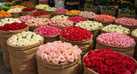 Vibrant Rose Festival Display in Colorful Flower Baskets  