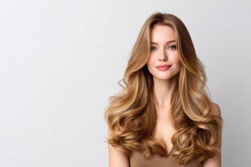The portrait of a girl features beautiful, curly locks and a voluminous hairstyle