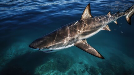 Fototapeta premium Shark swimming underwater over coral reef