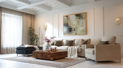 Beige sectional sofa and armchair in a modern living room with large artwork, creating a calm and sophisticated atmosphere.