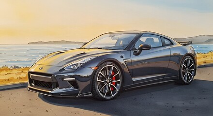 Fototapeta premium Sleek sports car parked by the coastline during sunset showcasing powerful design and stunning aesthetics Generative AI