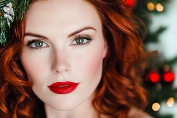 Fototapeta premium The image portrays a beautiful young woman with a Christmas wreath, displaying a festive hairstyle and makeup for the New Year and Christmas holidays, set against a white background and featuring