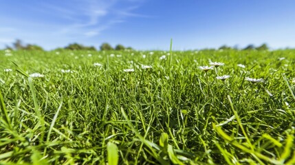 Fototapeta premium Wild daisies blooming in lush grass under a blue sky, a peaceful moment of nature's beauty 