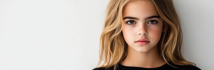 Obraz premium A closeup of a young woman's face is set against a white banner background