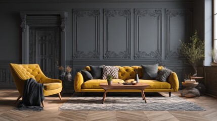 Mustard yellow velvet sofa and armchair in a dark, moody living room with ornate wall paneling.