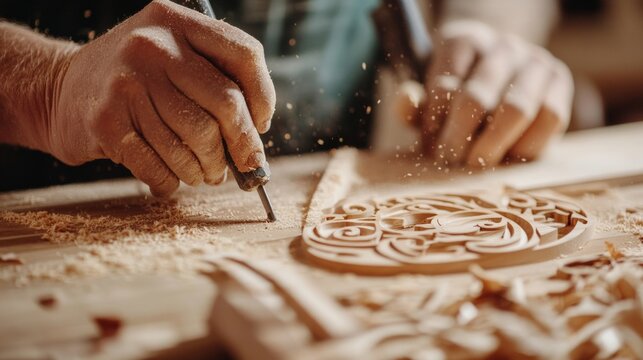 Carpenter cutting intricate designs into wood for a custom table. Featuring skill and artistry