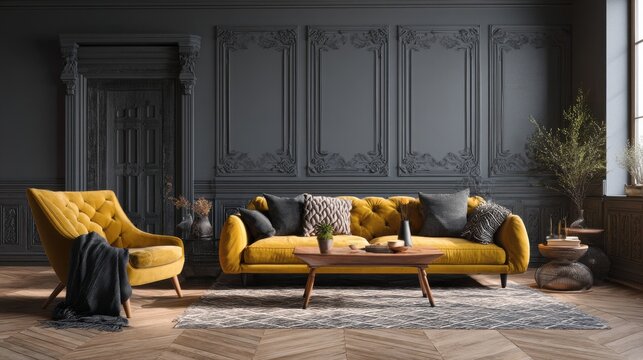 Mustard yellow velvet sofa and armchair in a dark, moody living room with ornate wall paneling.