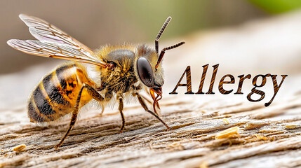 Allergy concept illustrated with a detailed macro photograph of a honey bee on wood.