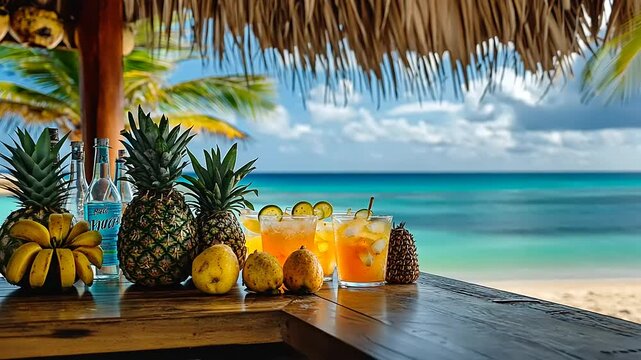 Tropical beach bar scene with colorful cocktails, fresh fruits, and a serene ocean backdrop