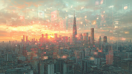 Stunning sunset cityscape overlaid with futuristic digital data streams.  Perfect for illustrating technology, innovation, smart city concepts, network infrastructure, and global connectivity.