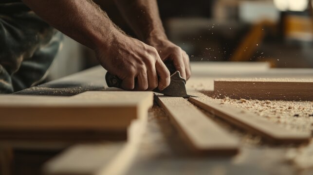 Carpenter cutting wood for custom cabinet installation. Featuring craftsmanship and focus