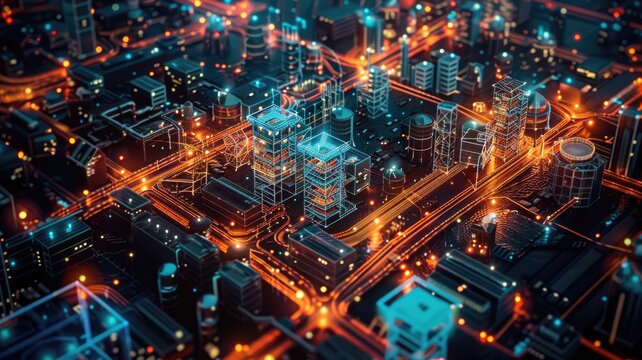 A vibrant and intricate abstract digital representation showcasing a global supply chain with luminous city architecture and connectivity details.
