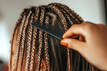 A salon professional with braiding expertise is brushing the hair of a customer, utilizing a comb for hairstyling and hair treatment, and creating a range of hairdos, including those with extensions