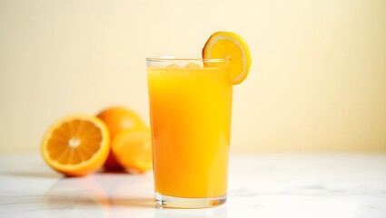 large glass of orange juice with a slice of orange as garnish in the glass and a halved orange on the side