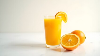 large glass of orange juice with a slice of orange as garnish in the glass and a halved orange on the side