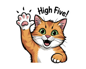A cheerful orange cat gives a high five, expressing friendliness and playful energy.