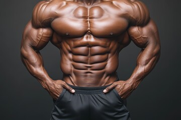 Fototapeta premium African American male athlete is shown in a close-up, posing to display the muscular development of his biceps and arms