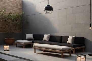 A contemporary outdoor lounge area with modern furniture and design
