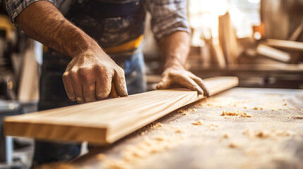 Carpenter sanding wooden boards in a workshop. Craftsmanship and detail