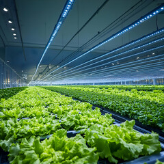 A highly regulated horticultural space nurturing robust lettuce plants prospering under specialized artificial lighting designed for peak performance.