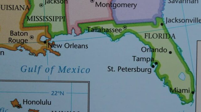 Close up of the USA on a map with Florida in sharp focus. Florida on a map 
