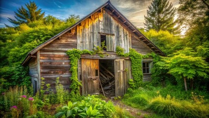 Obraz premium Panoramic Vintage Abandoned Barn Wooden Door, Rustic House Entrance, Old Photo, Rural Scene