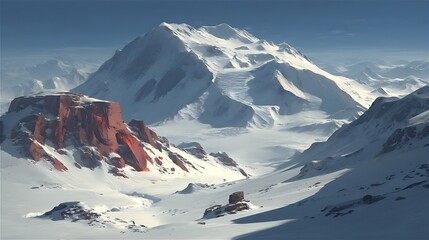 A majestic snow-covered mountain range under a clear blue sky, showcasing nature's grandeur.