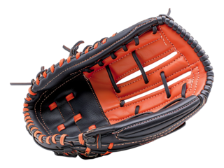 Dynamic black and orange baseball glove, showcasing premium leather craftsmanship.  Perfect for sports, game day, or youth themes.  Represents skill, teamwork, and the thrill of victory.