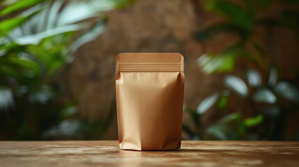 Eco product label on kraft packaging, sustainable branding, stock photo style, clean background

