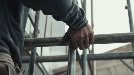 Scaffolding expert securing a metal platform at a construction site. Featuring precision and safety