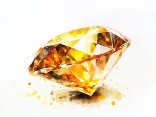 Amber gemstone watercolor painting, sparkling, white background, jewelry design