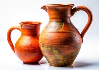 Rustic Terracotta Pitchers, Pottery, Handmade, Clay, Kitchen Decor, White Background, Still Life Photography, Home Decor, Vintage, Country Style, Earthenware