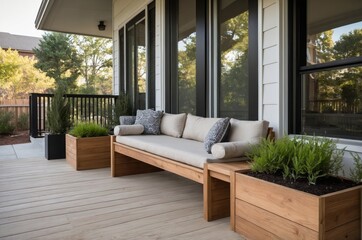 Fototapeta premium Modern outdoor living space with wooden furniture and greenery