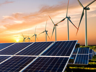 Windmill turbines generating green energy electric.Solar panels park and wind turbines at sunset.Green energy reduce carbon emissions and makes earth cleaner and more ecological.