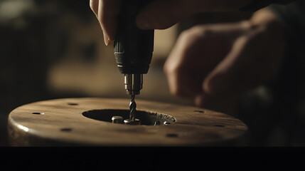 Carpenter using a power drill to fasten screws. Featuring woodworking and tool usage