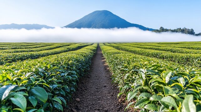 Lush tea plantation pathway leading to a misty mountain