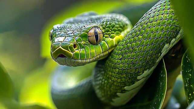 Close-up of a vibrant green snake coiled on lush foliage, showcasing its scales and natural habitat