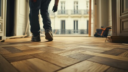 Carpenter installing hardwood flooring in a home. Featuring attention to detail and skill