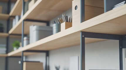 Carpenter installing shelves in a home office. Featuring craftsmanship and organizational design