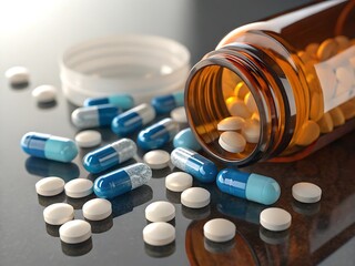 A bottle of medicine with scattered pills representing healthcare and treatment