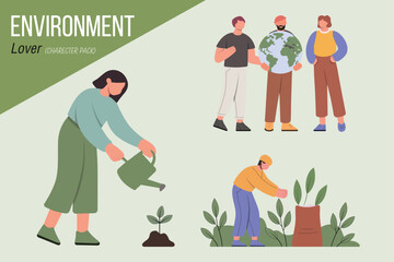 Environment Day Flat Character Illustration Set | Eco Friendly People Planting Trees, Cleaning Parks, and Saving Earth Vector