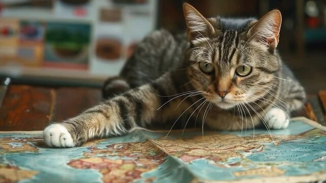 Cute Cat Points To World Map