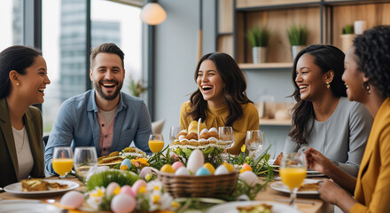 Easter Brunch Laughter: A group of diverse friends gathers around a table, enjoying a joyous Easter brunch filled with laughter and connection.