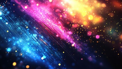 Fototapeta premium Vibrant abstract background with diagonal lines, bokeh, and glowing particles in a mix of bright colors